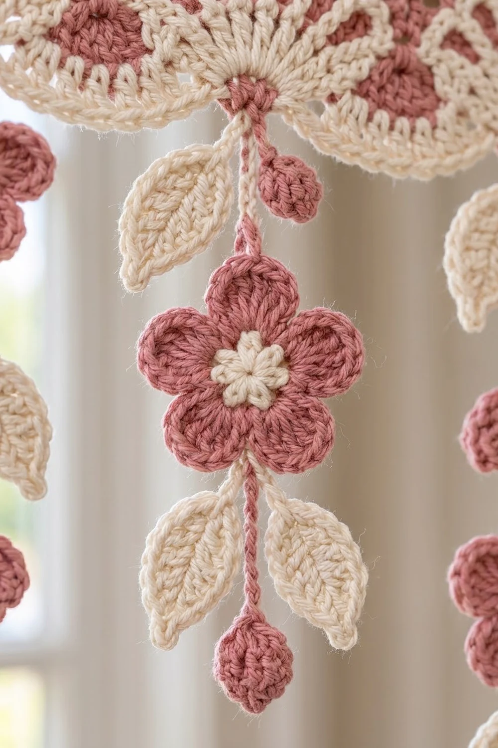 Crocheted flower ornaments in mauve and cream yarn with leaves hanging against a soft white background.