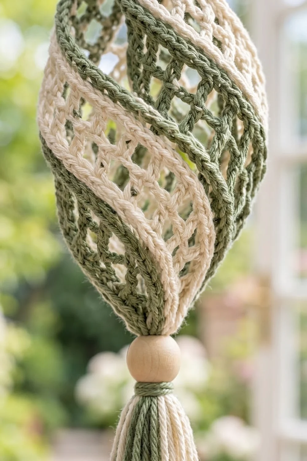 Macramé plant hanger in sage green and cream with wooden bead detail against blurred garden background.