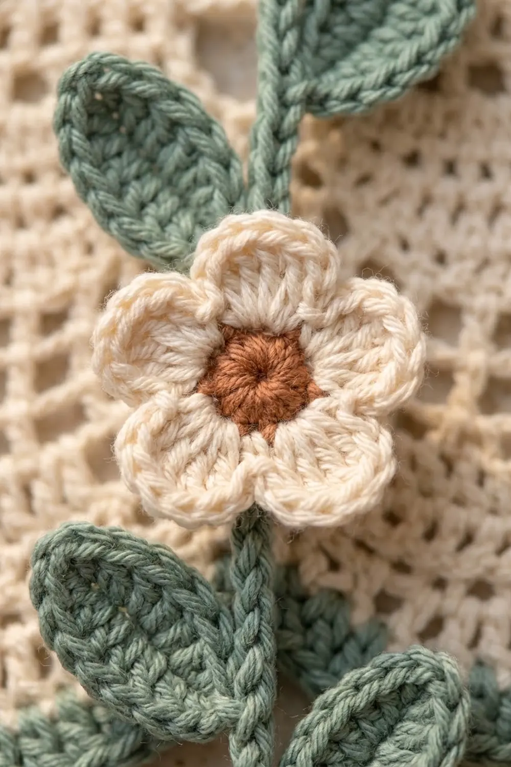 Crocheted daisy with cream petals and brown center on green stem against textured beige background.