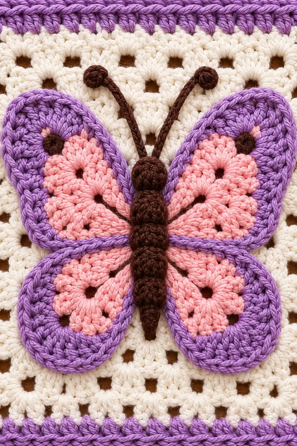 A crocheted butterfly with purple wings, pink center, and brown body on a cream-colored granny square blanket.