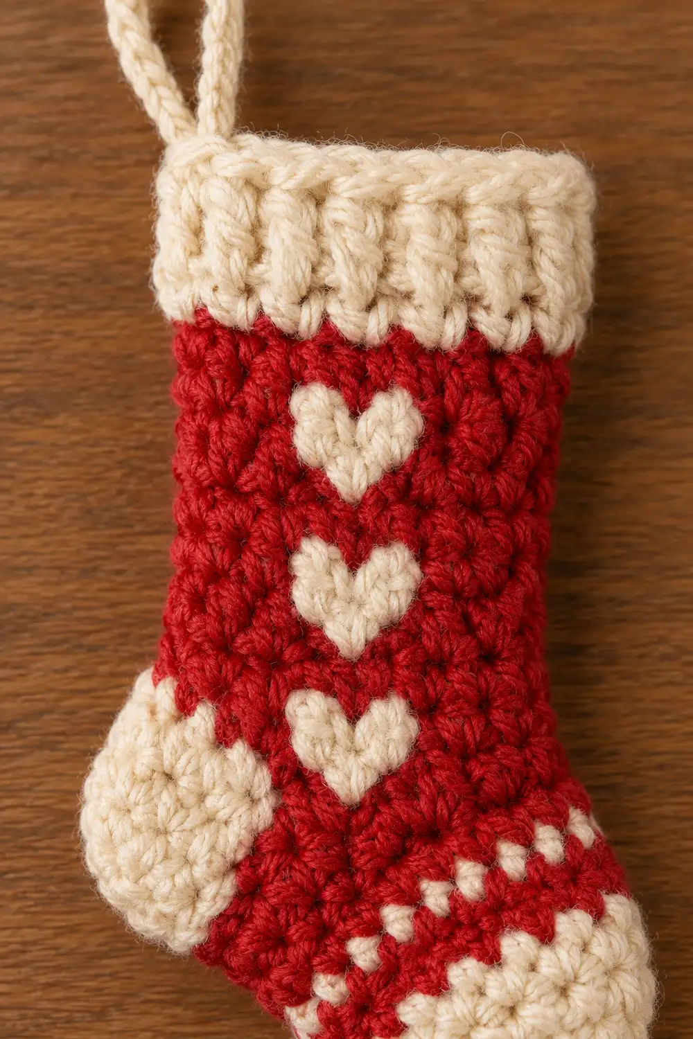 A handmade red and cream crocheted Christmas stocking with heart designs, displayed on a wooden surface.