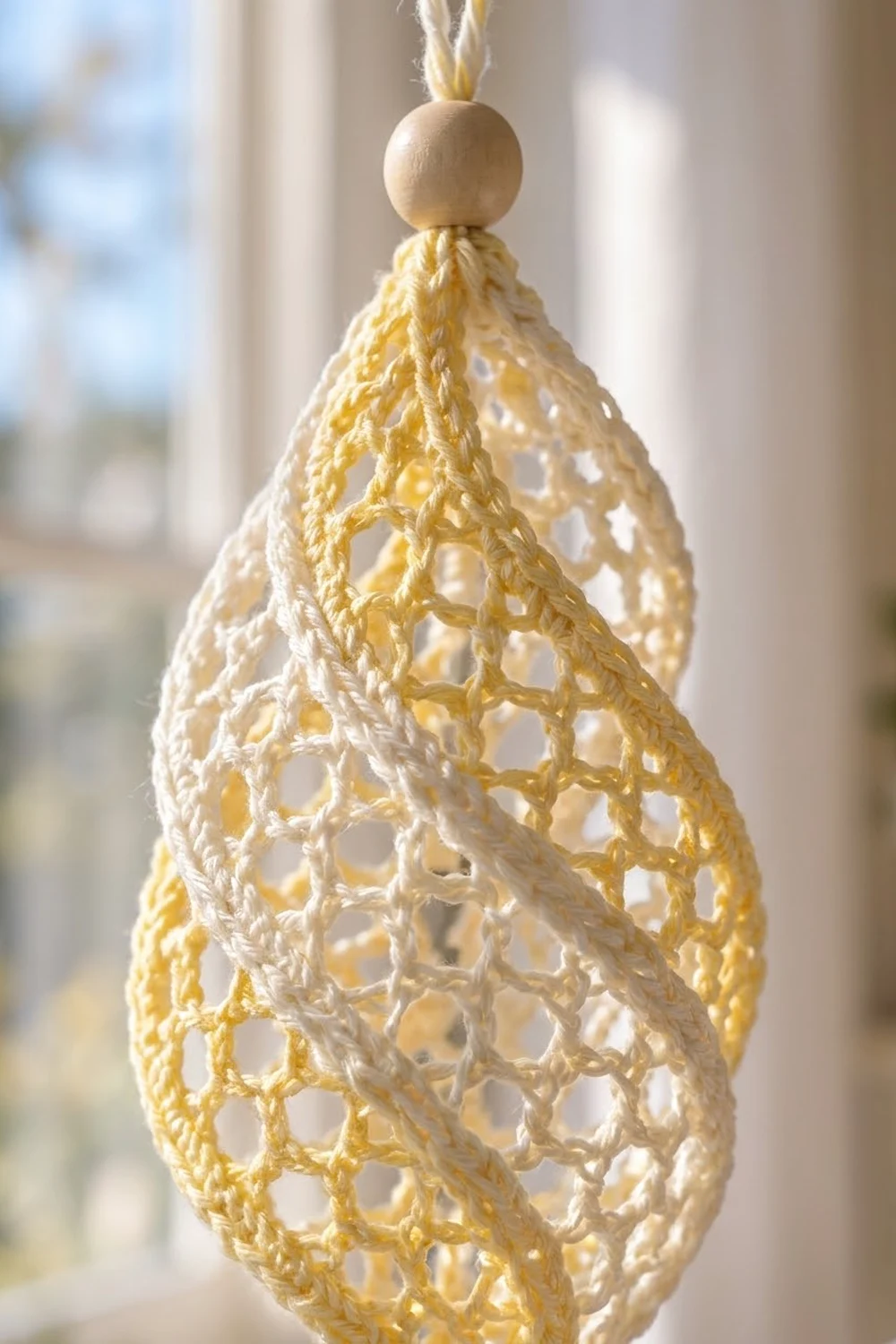 A crocheted teardrop ornament in cream and yellow yarn with a wooden bead finial hanging by a string.