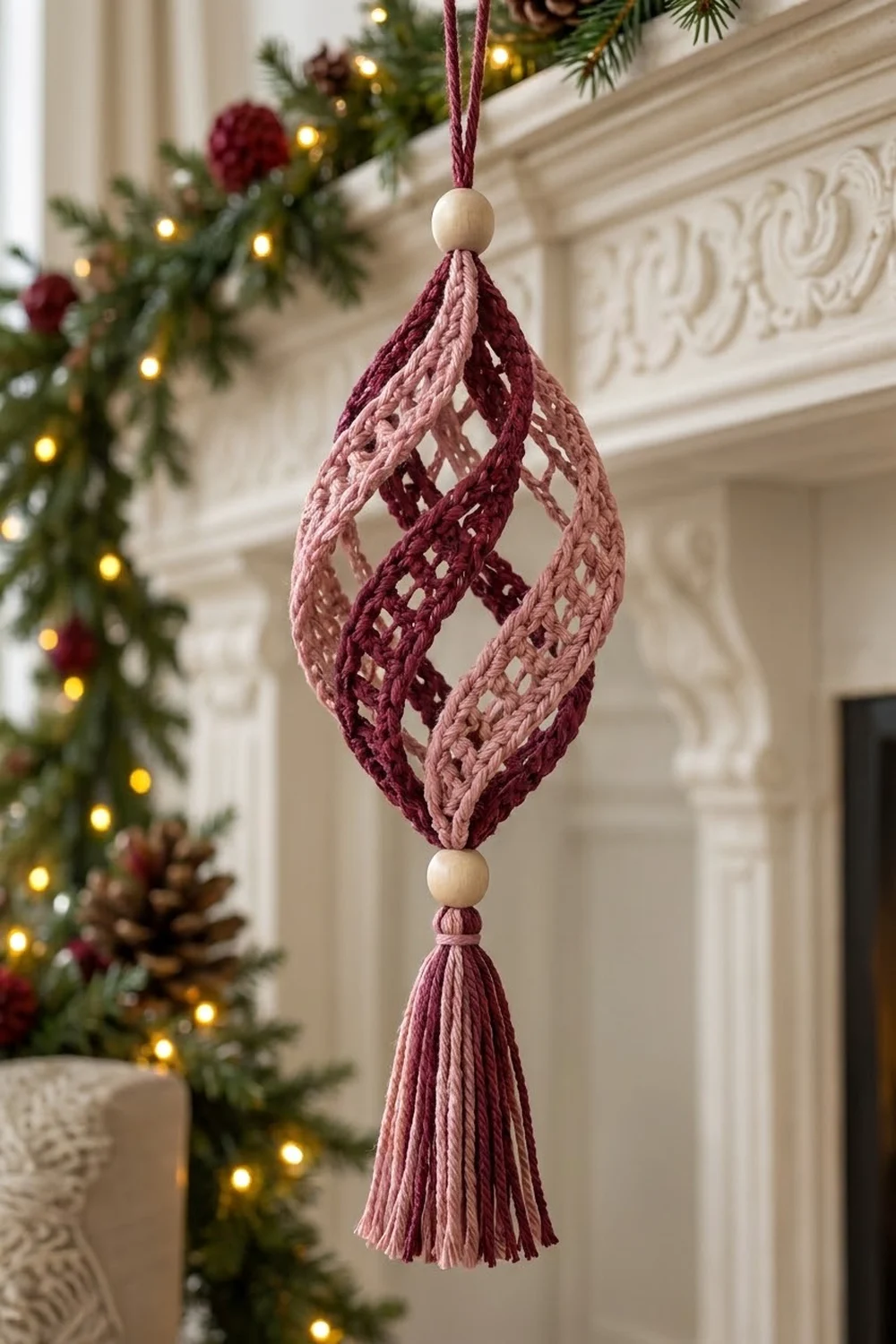 A burgundy and mauve crocheted teardrop ornament with wooden beads and tassel hanging against an elegant cream backdrop.