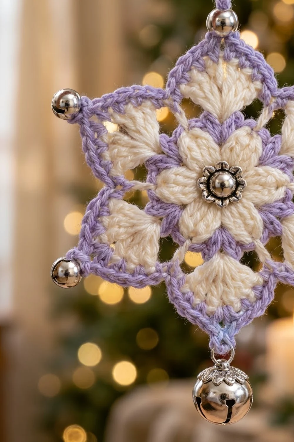 A crocheted snowflake ornament with lavender yarn, cream flowers, and silver bell accents hanging against a blurred holiday background.