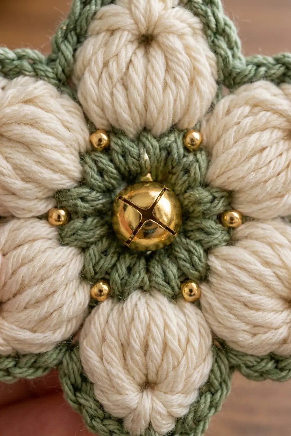 Handmade macramé flower ornament with cream-colored petals, sage green stem, and gold beads and bell in center.