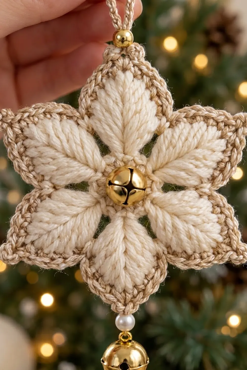 Handmade cream macramé star ornament with gold bells hanging against blurred Christmas tree lights.