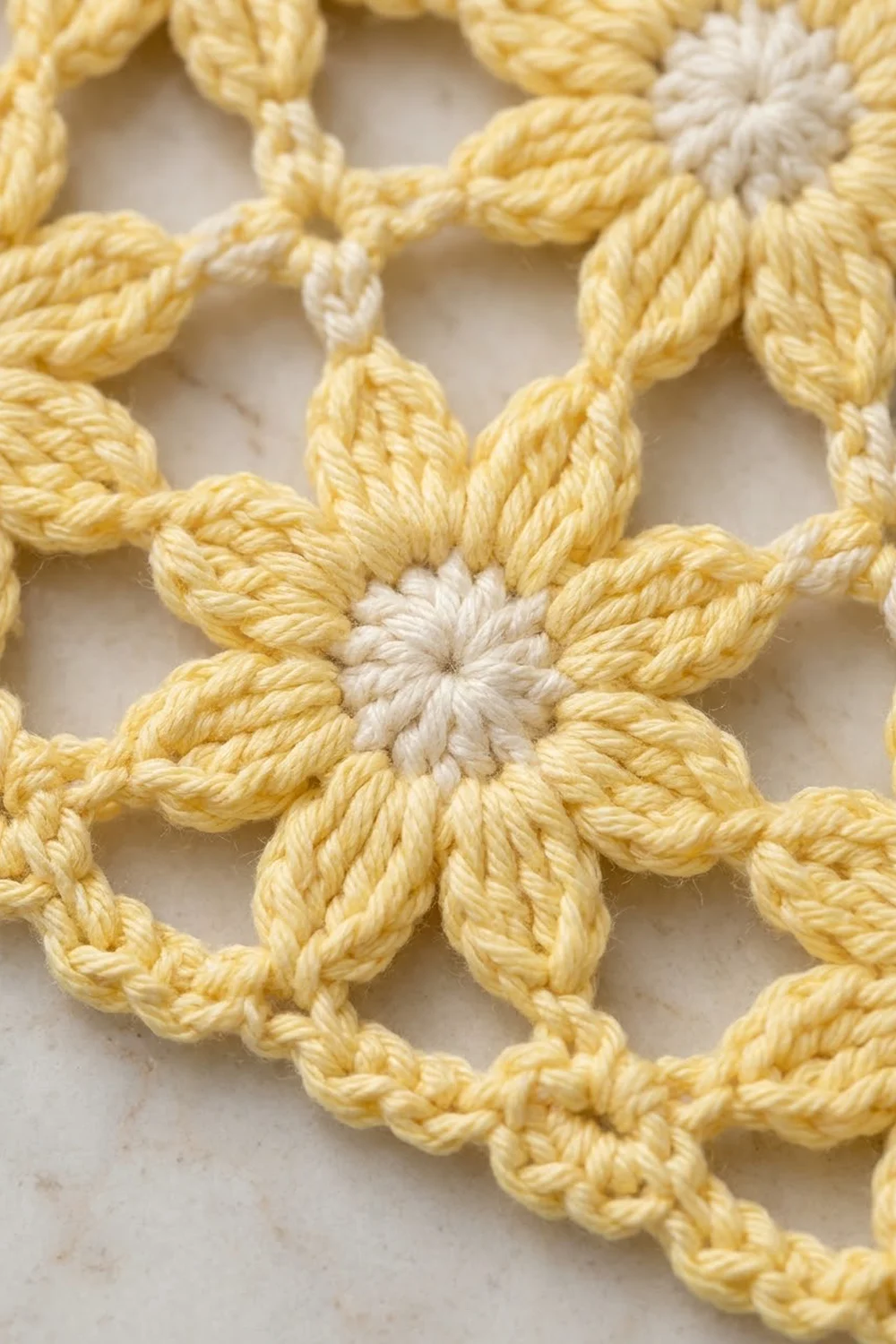 Close-up of cream-colored crocheted fabric featuring pale yellow twisted rope with white flower motifs on light background.