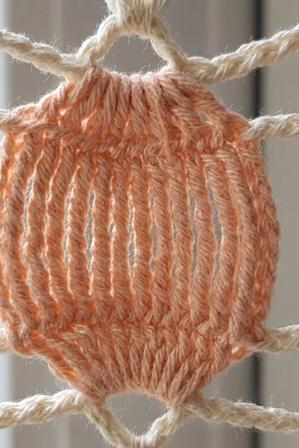 Close-up of a decorative macramé ornament with coral and cream twisted rope creating a textured, fringed oval pattern.