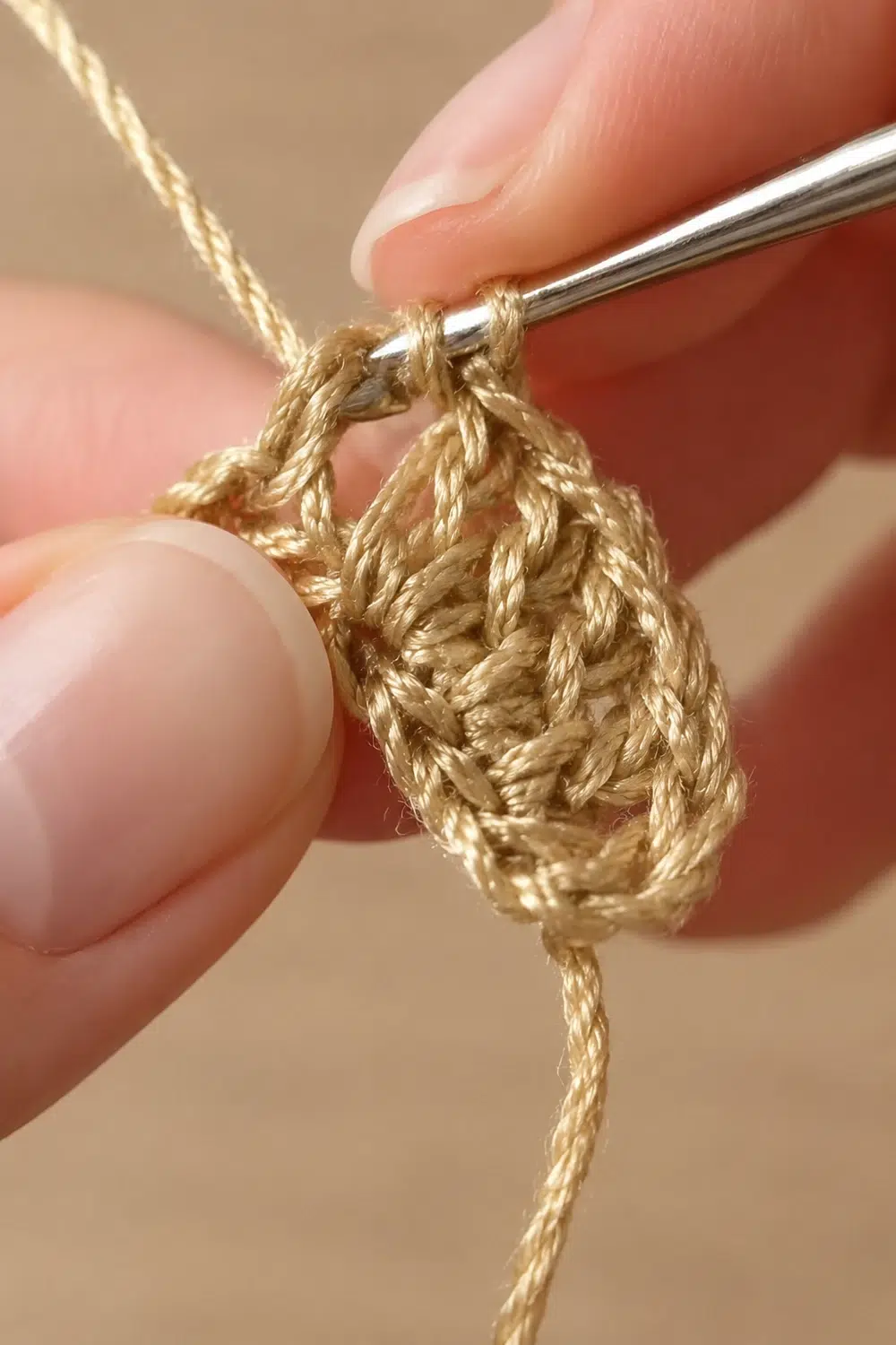 A metal crochet hook pulling tan yarn through a crocheted stitch being held by fingers with manicured nails.