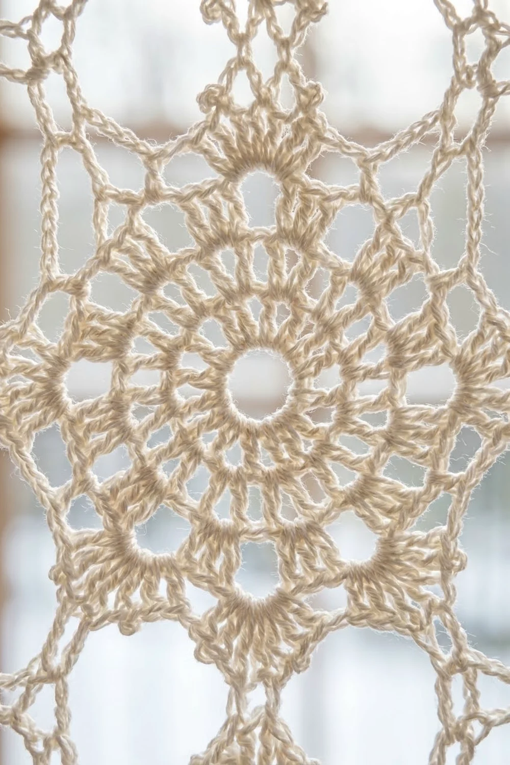 Close-up of cream-colored crocheted lace doily with intricate circular motifs and open lacework pattern.