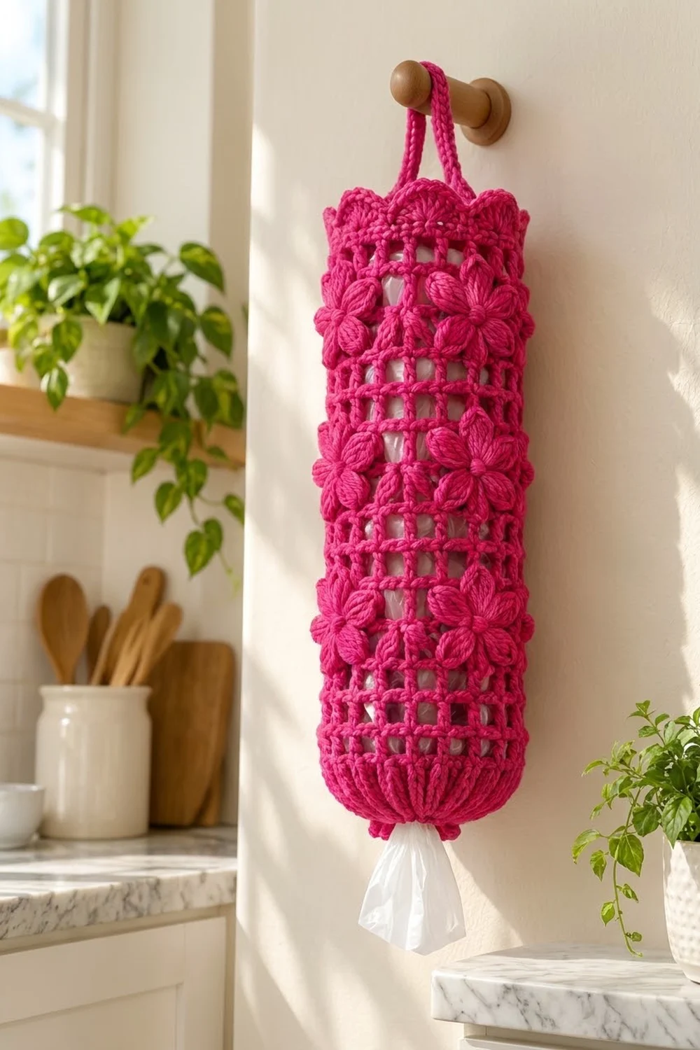 A bright pink crocheted hanging organizer with flower motifs displayed on a kitchen wall near plants and wooden utensils.