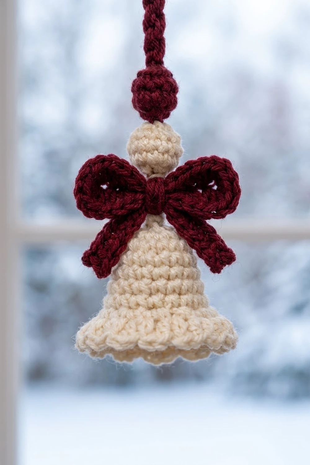 A handmade crocheted bell ornament in cream with a burgundy bow and braided cord hanging against a snowy window.