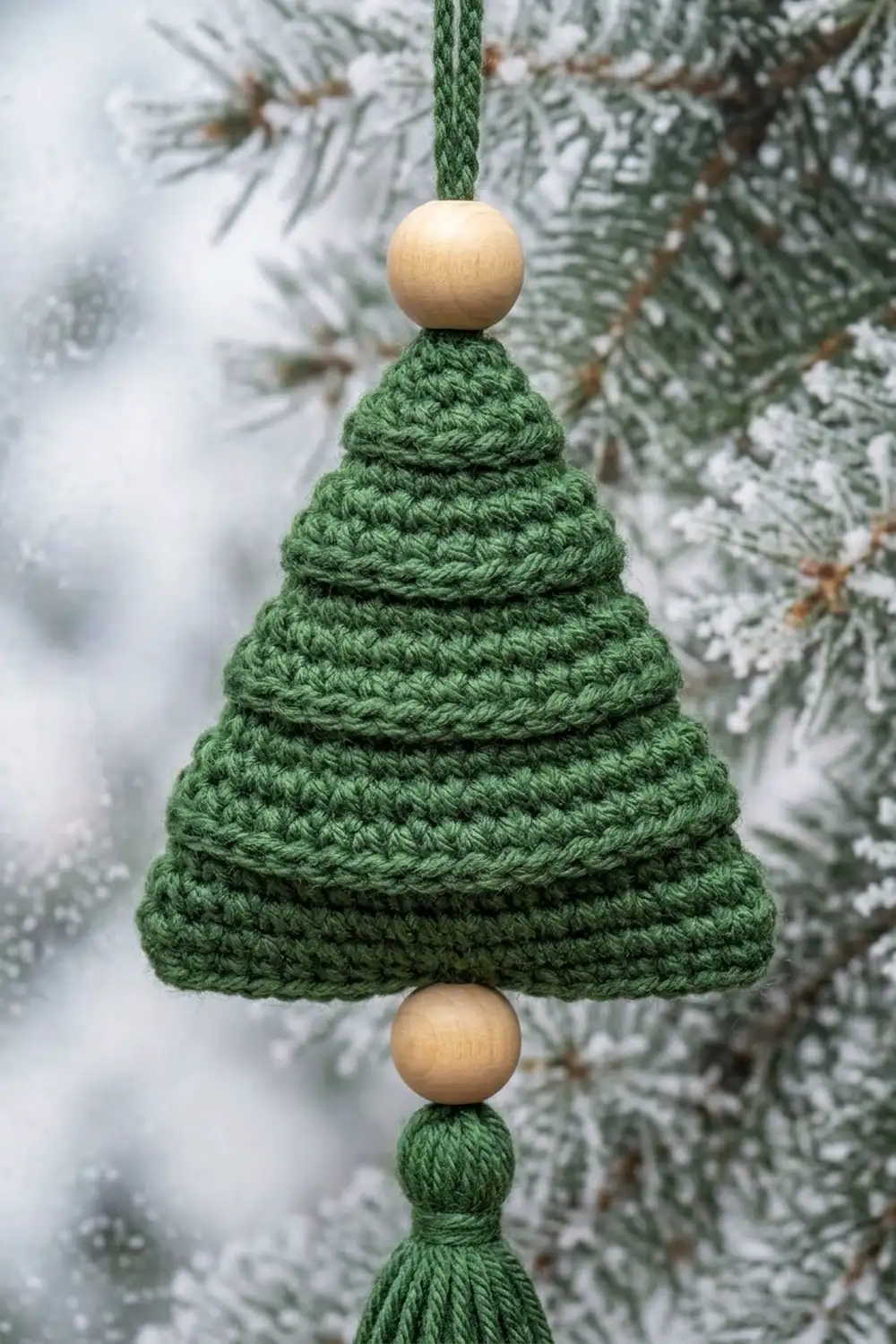 A crocheted green Christmas tree ornament with wooden beads hanging against frost-covered evergreen branches.