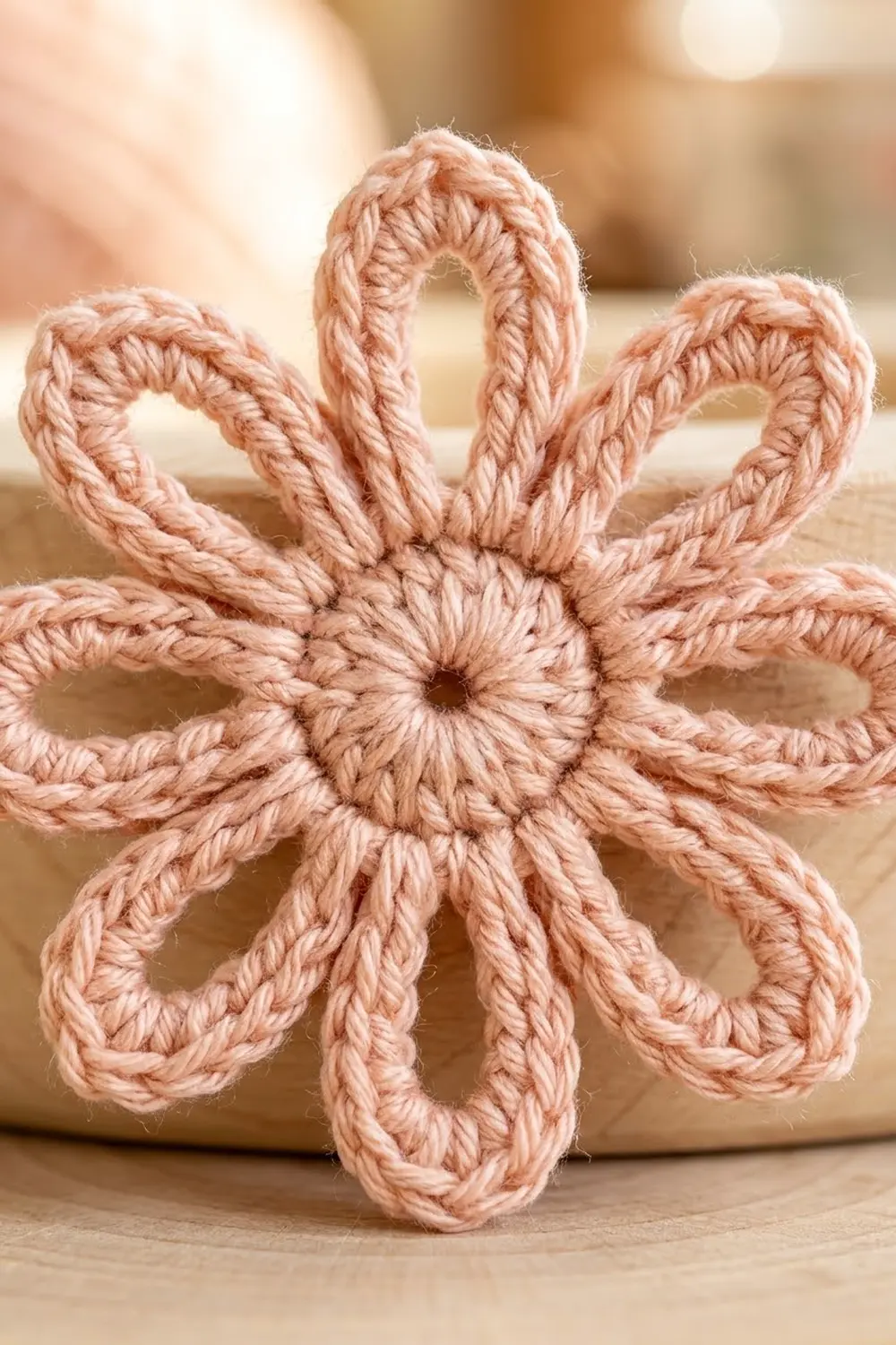 A delicate peach-colored crocheted flower with eight looped petals sits on a wooden surface.