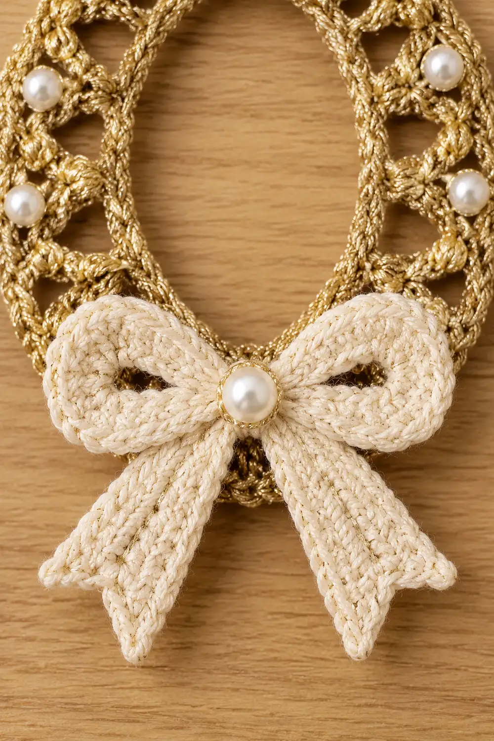 A cream-colored crocheted bow with pearl accents centered on a gold metallic lace necklace against wood.