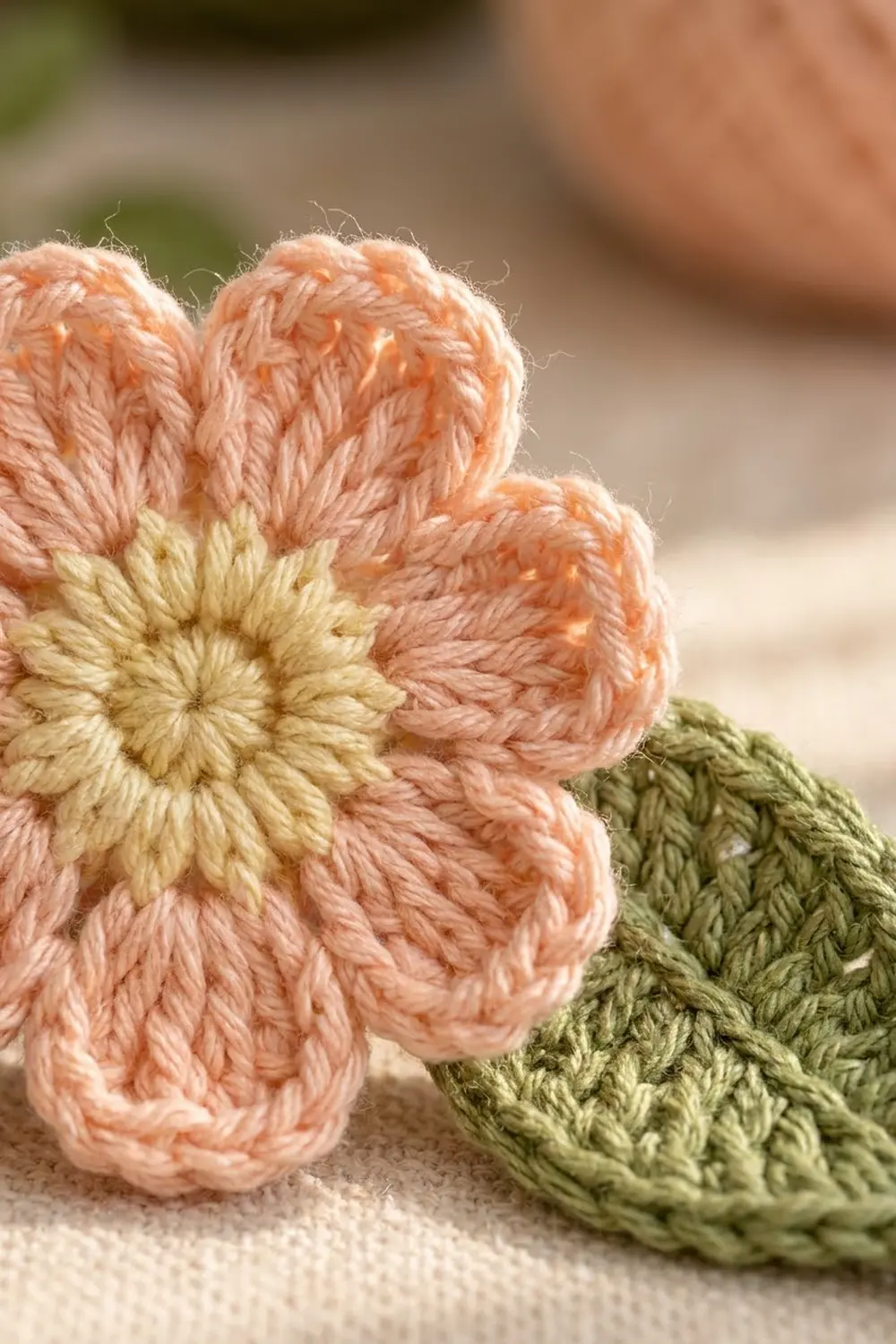 A crocheted flower with peach petals, cream center, and green stem rests on beige linen fabric.