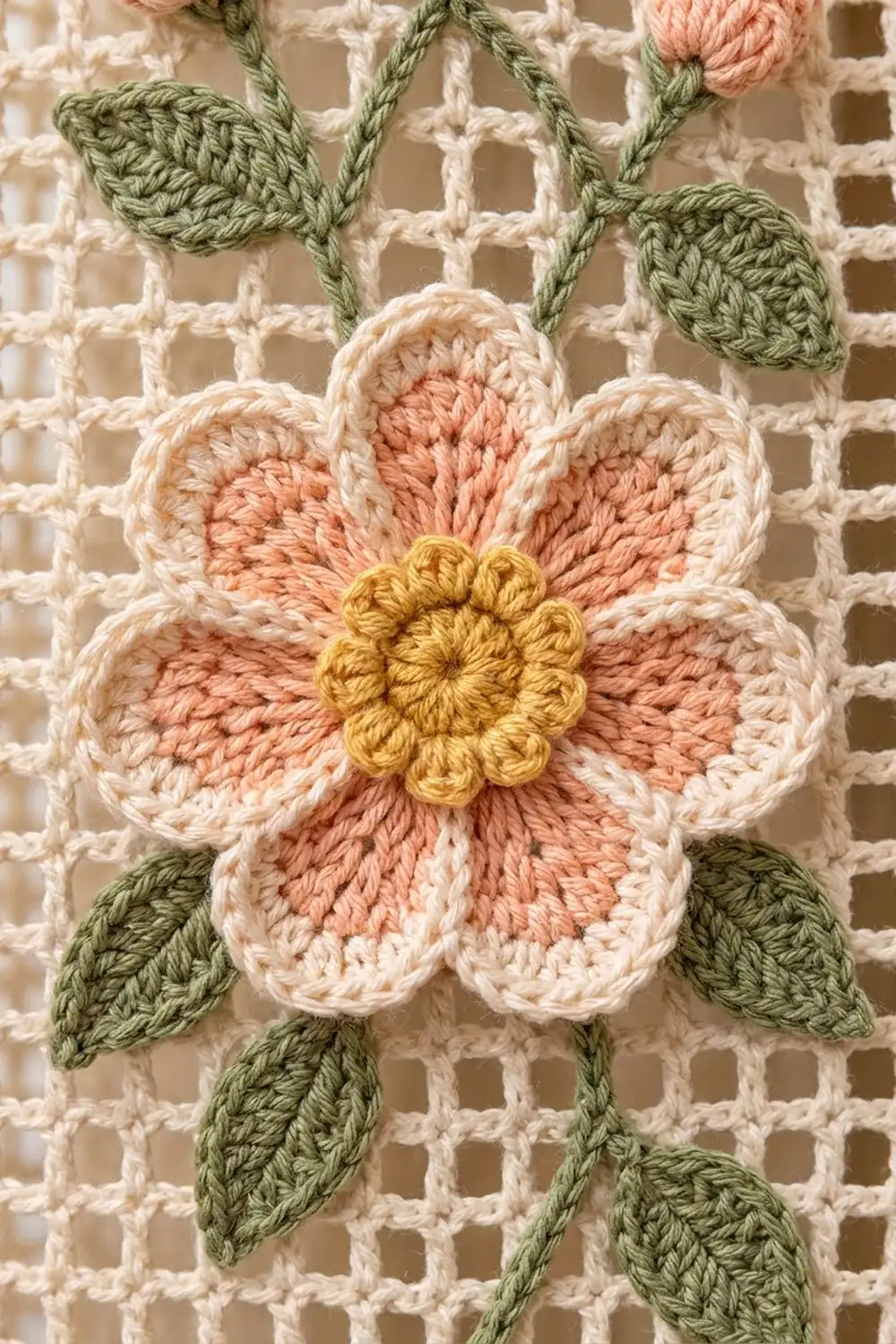 Crocheted flower with pink petals, yellow center, and green leaves on cream lattice background.