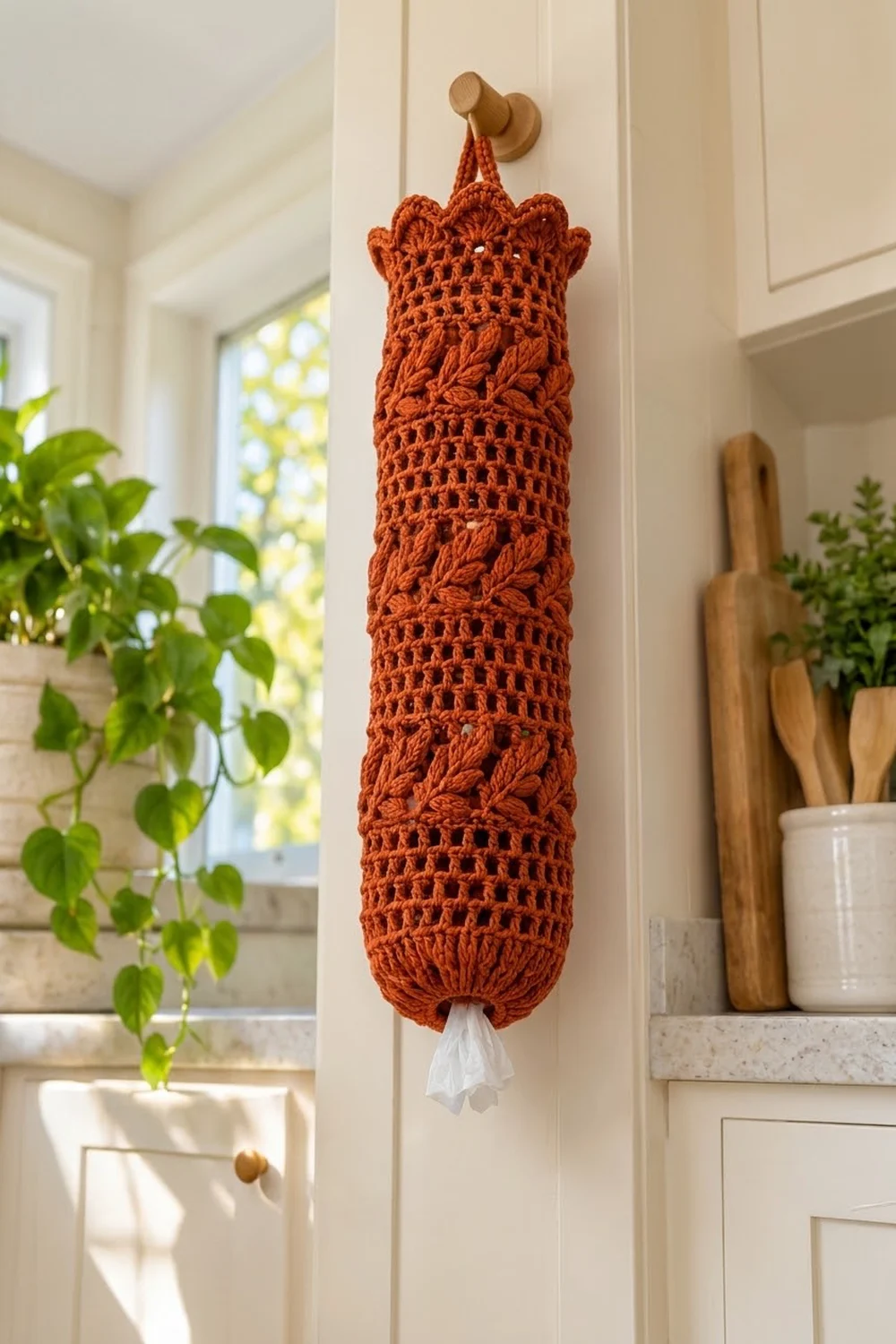 A rust-orange crocheted plastic bag holder with decorative leaf motifs hangs from a wooden knob on a kitchen cabinet door.