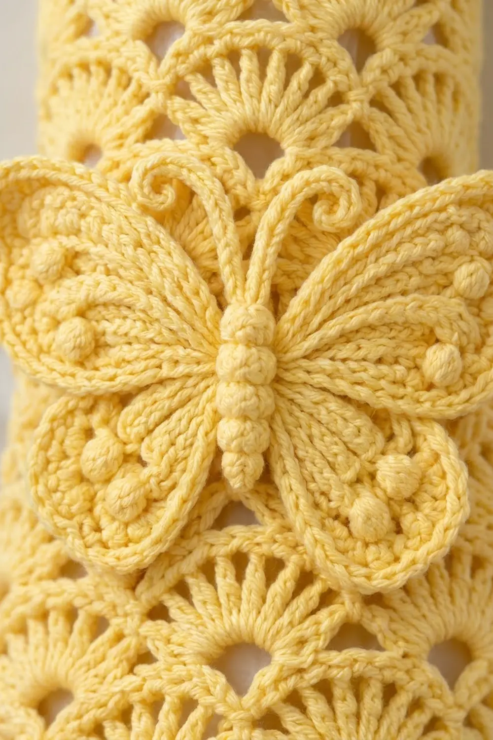 Close-up of intricate yellow crochet lace featuring delicate butterfly motifs with detailed textured patterns throughout.