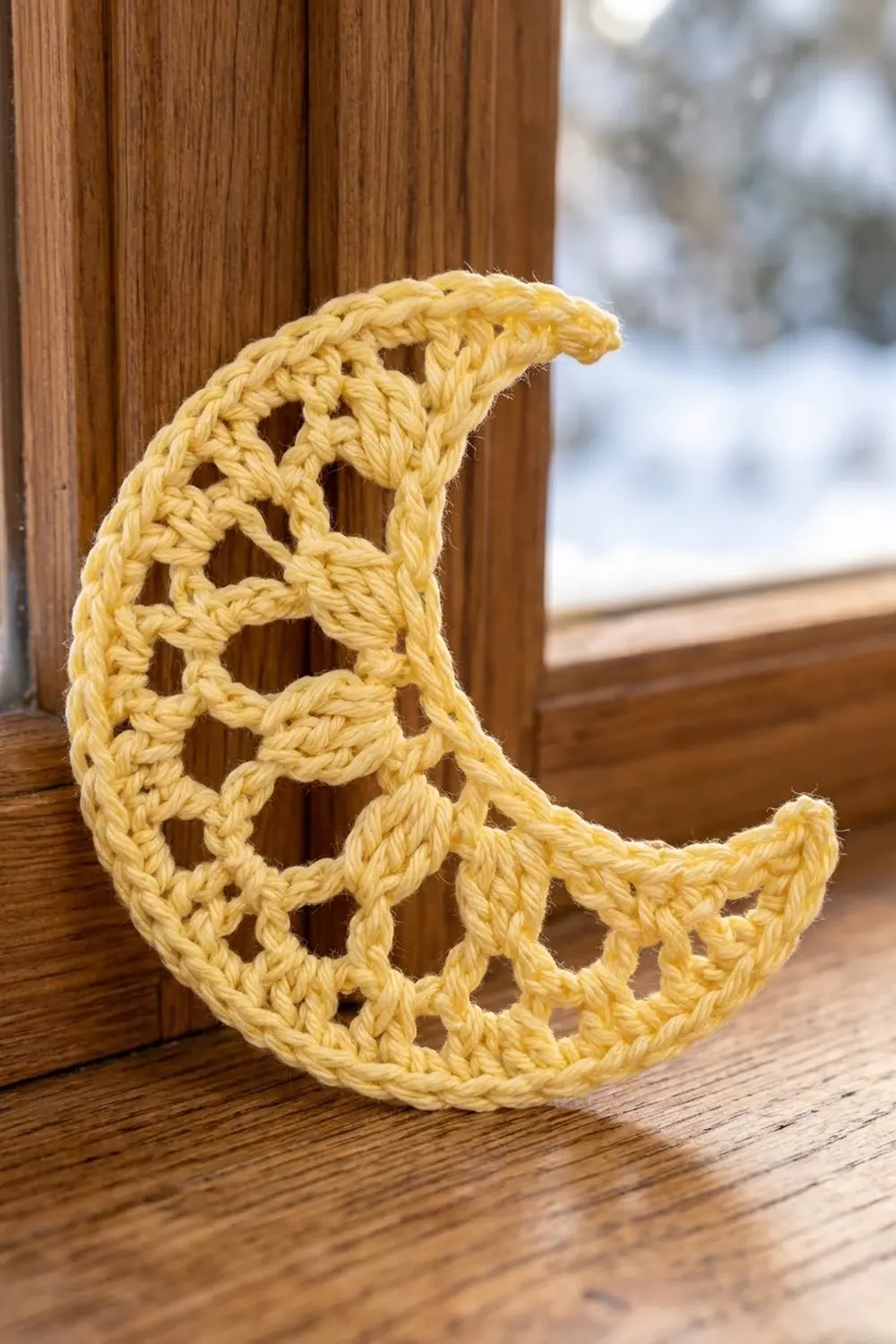 A yellow crocheted moon decoration with an open lattice pattern sits on a wooden floor against a window.