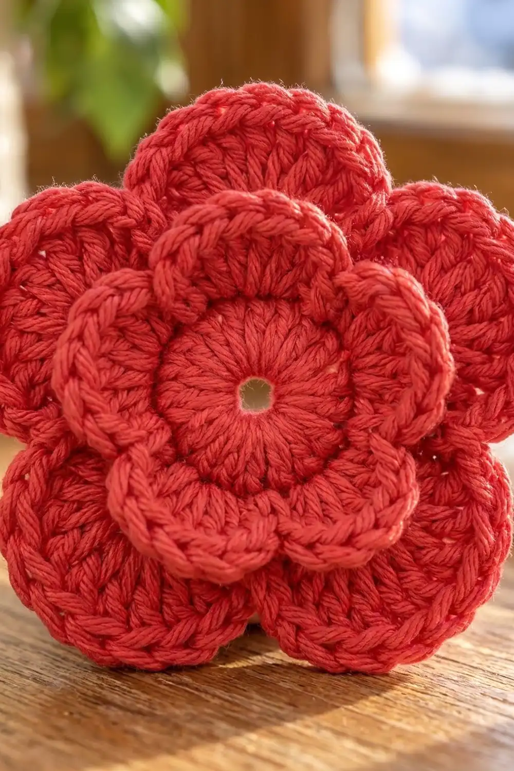 A bright red crocheted flower with textured petals sits on a wooden surface indoors.