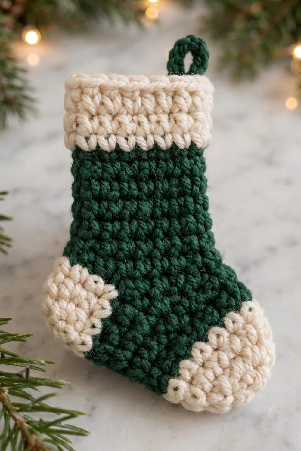 A crocheted green and cream stocking ornament with a loop hanging on a snowy, festive background.