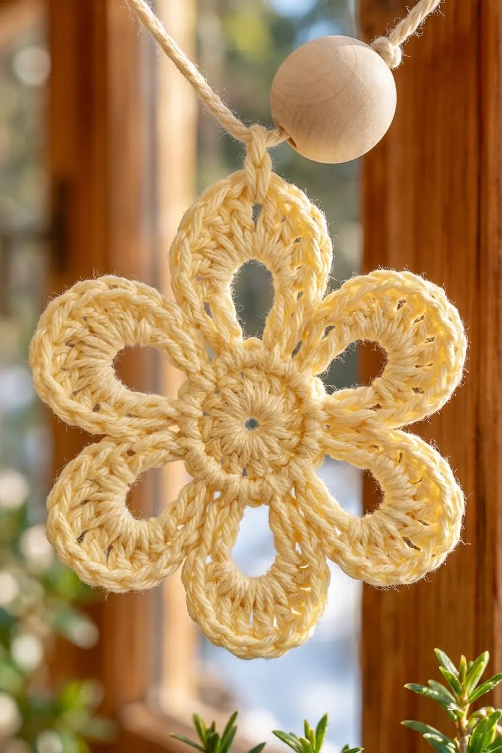A crocheted yellow flower ornament with a wooden bead hanging from twine against a blurred window background.
