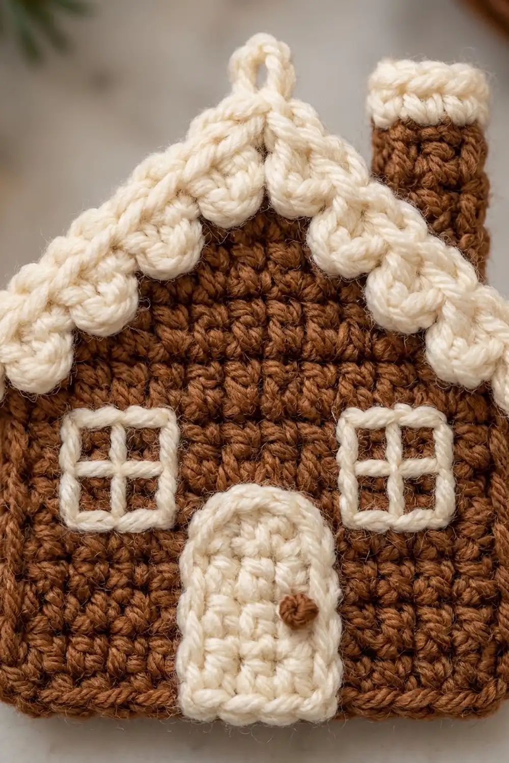 Crocheted gingerbread house ornament with brown body, cream roof, windows, and decorative details.