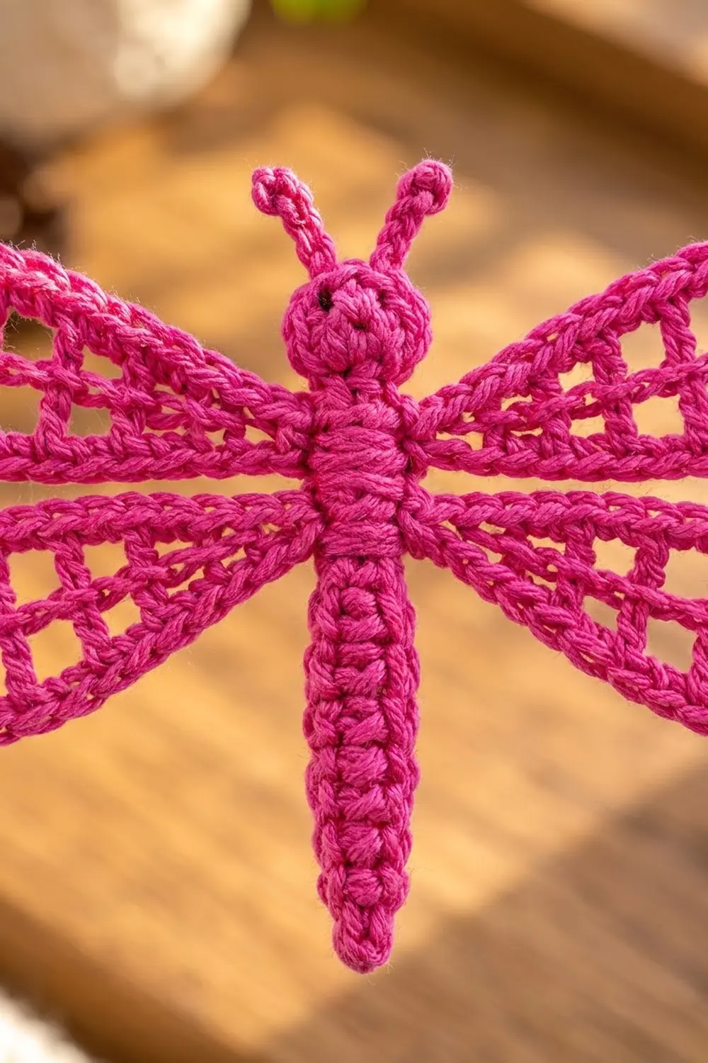 A bright pink crocheted dragonfly with detailed wings displayed against a blurred tan and brown background.