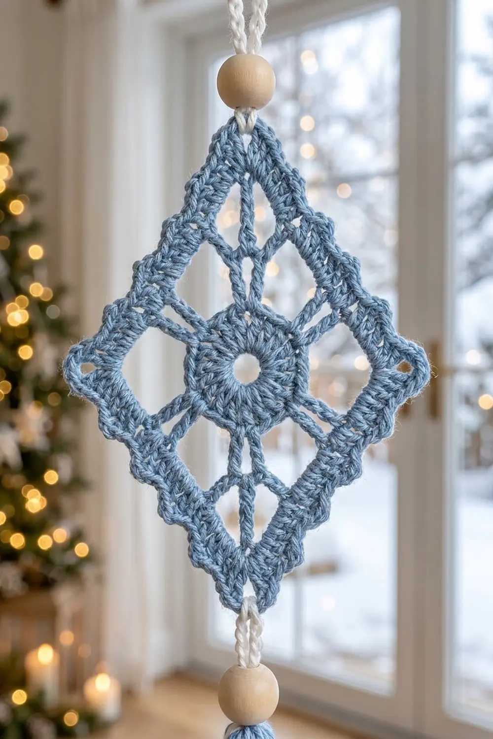 A blue crochet diamond ornament with wooden beads hanging in a winter window with twinkling lights.