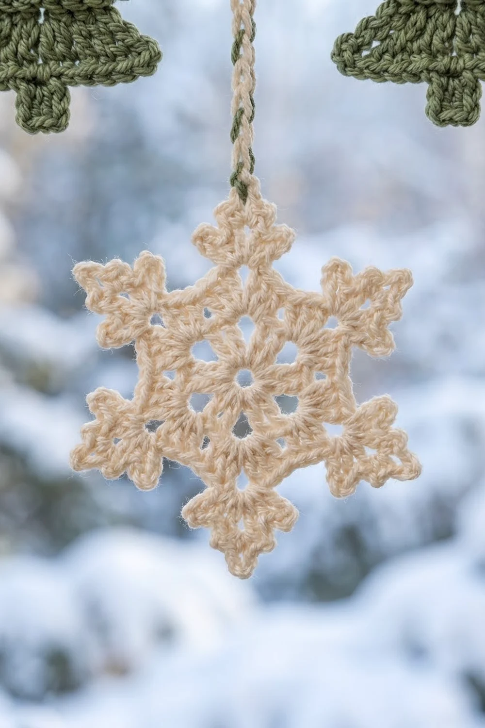 A crocheted cream-colored snowflake ornament hangs from a green cord against a snowy background.