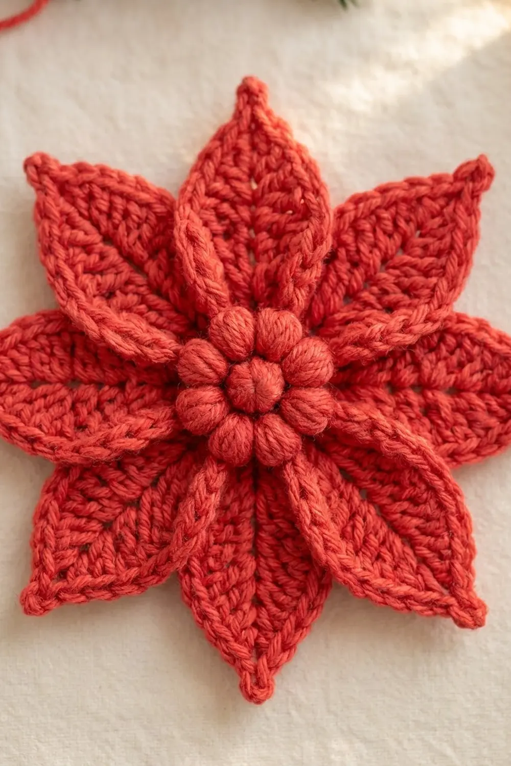 A red crocheted poinsettia flower with pointed petals and textured center displayed on white fabric.