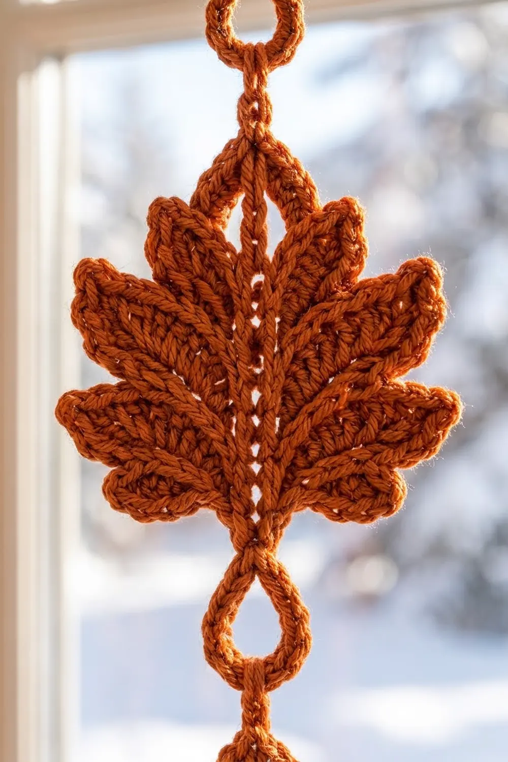 A burnt orange crocheted maple leaf ornament hanging in a window with snowy outdoor background.