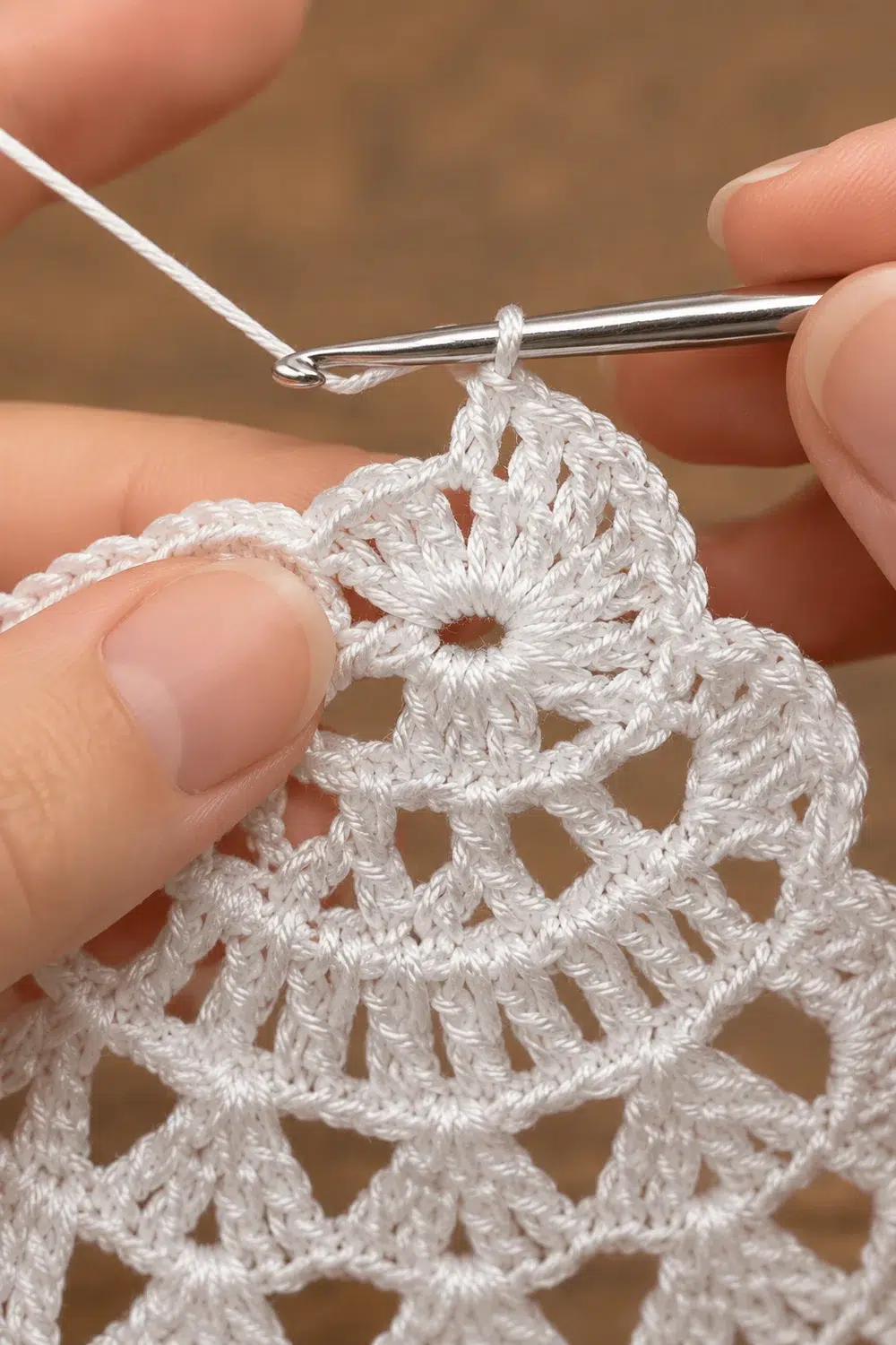 Close-up of hands crocheting white lace with a metal hook, showing detailed openwork stitches.