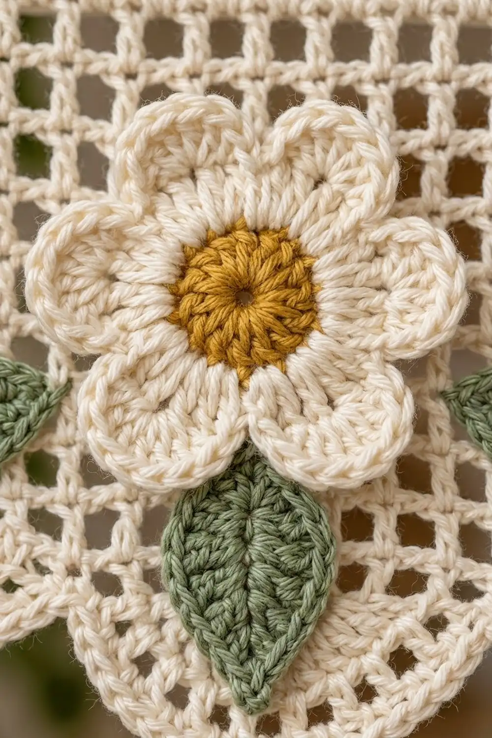 A crocheted white daisy with a golden yellow center and green stem on a cream openwork fabric background.