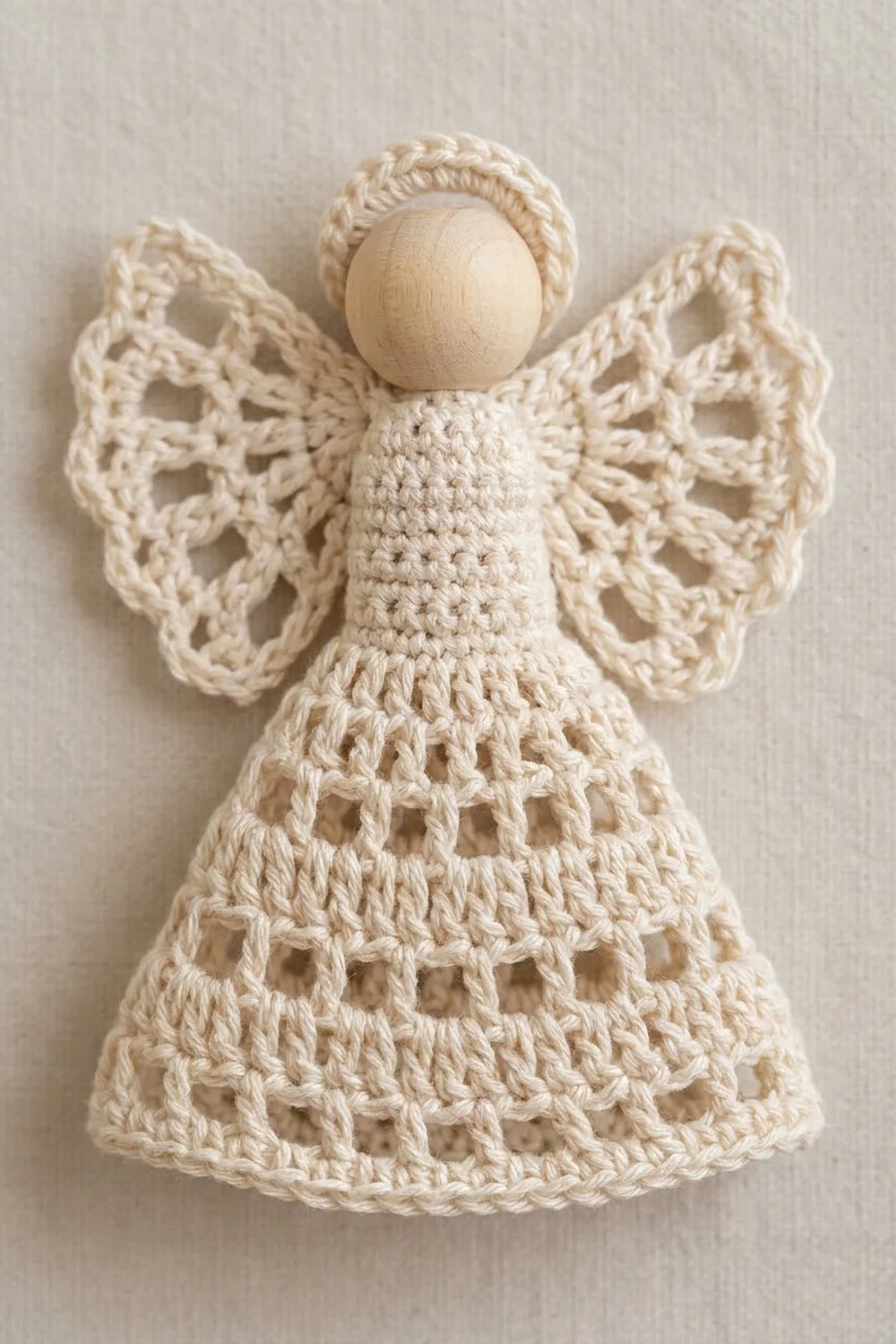A handmade crochet angel figurine with wooden bead head and lacy cream-colored dress against beige fabric background.