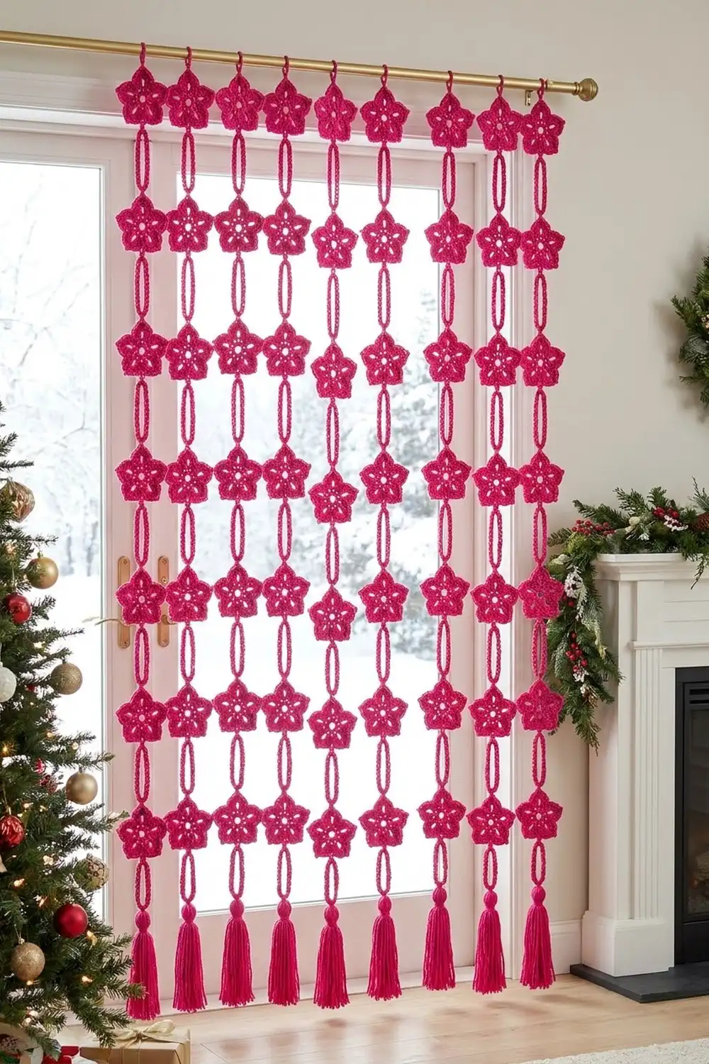 A magenta crocheted star garland with tassels hangs from a brass rod across a window during Christmas.