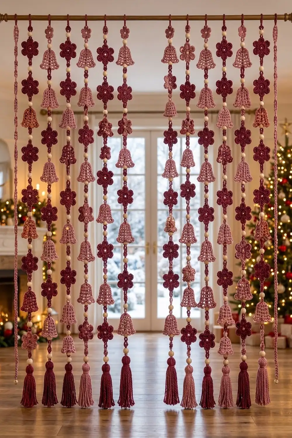 Crocheted burgundy and mauve bell and flower ornaments hang from strings with beaded accents and tassels.