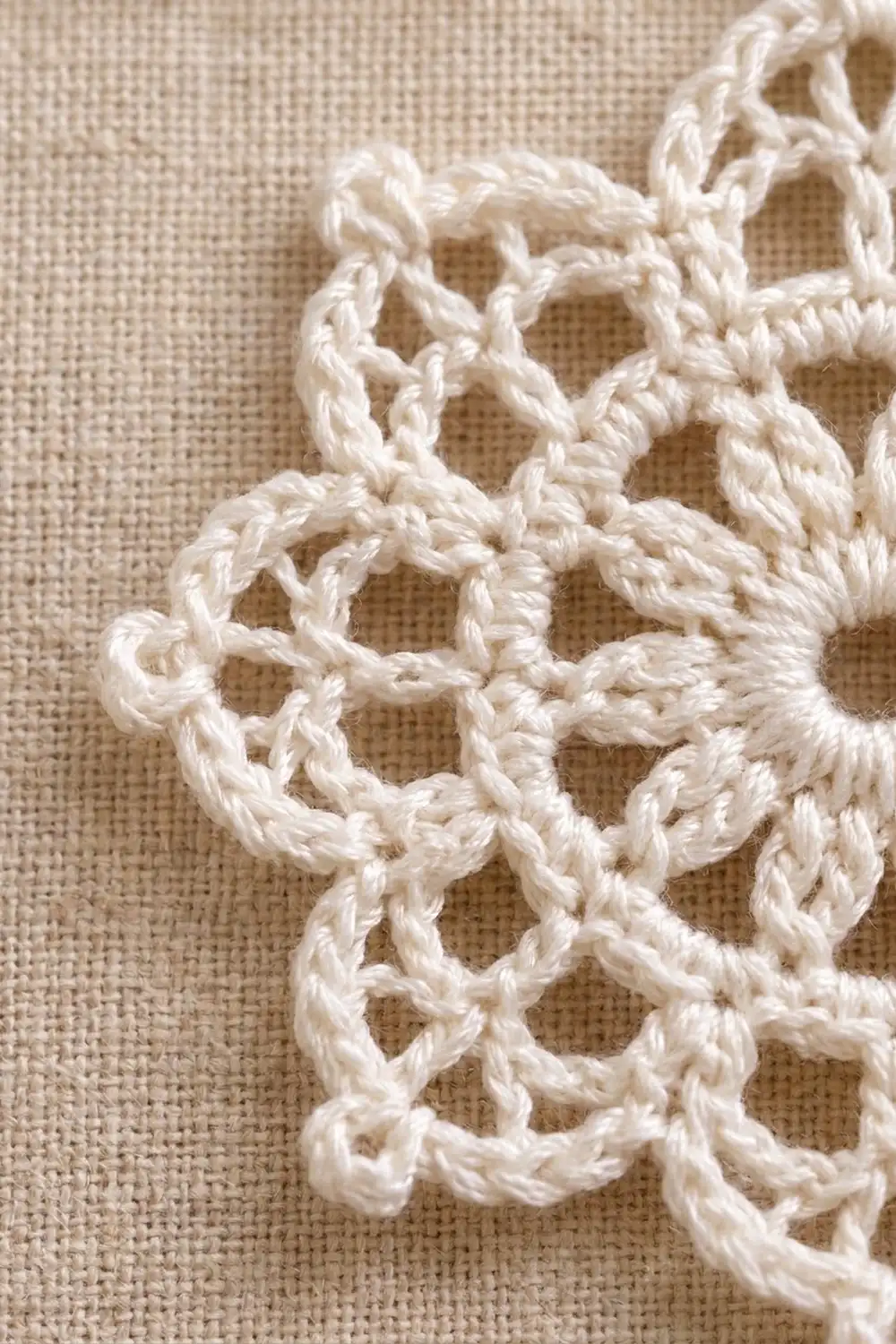 Delicate ivory crochet lace trim with intricate openwork pattern displayed on natural linen fabric background.