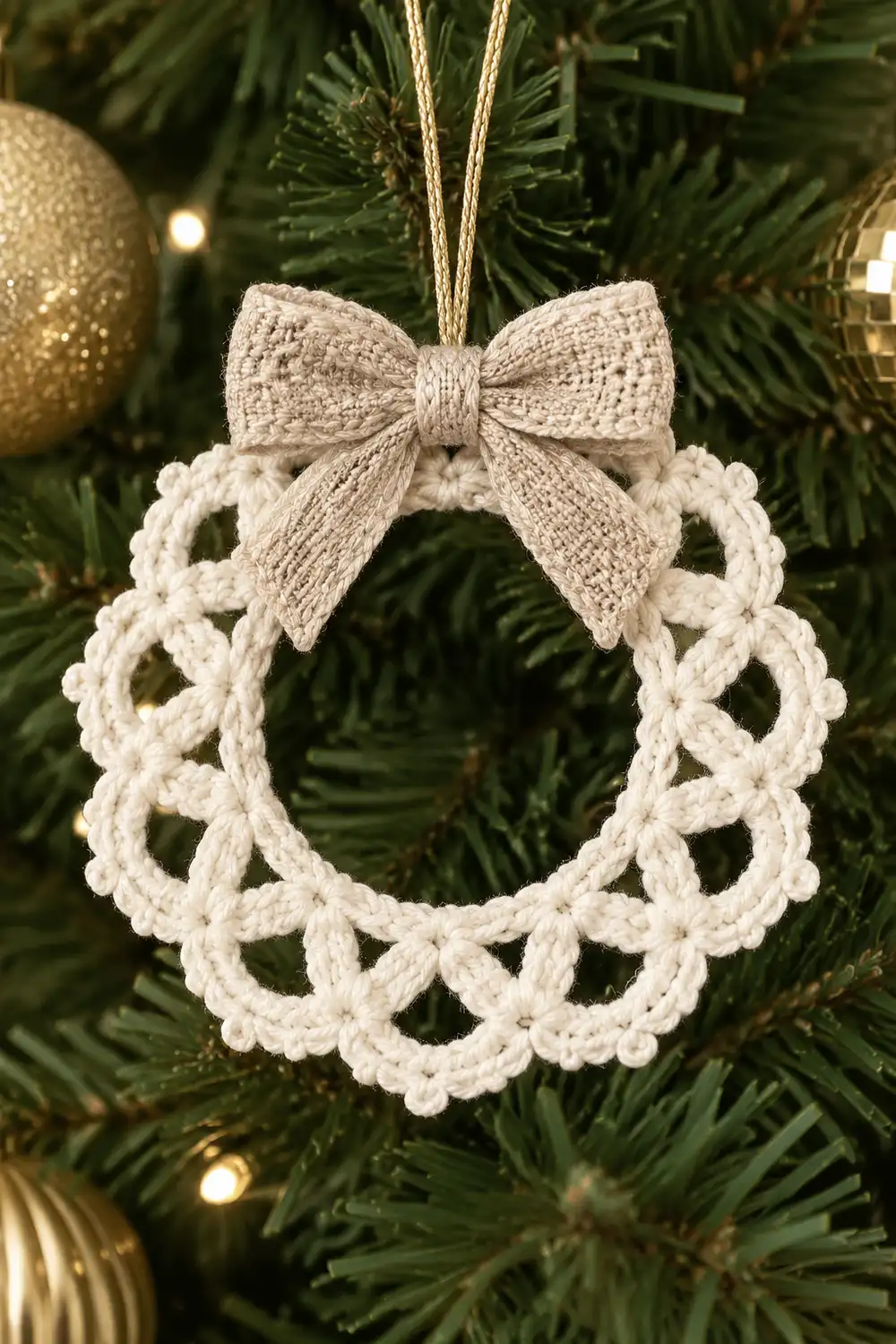 A cream-colored crocheted wreath ornament with a textured bow, hanging on an evergreen branch.