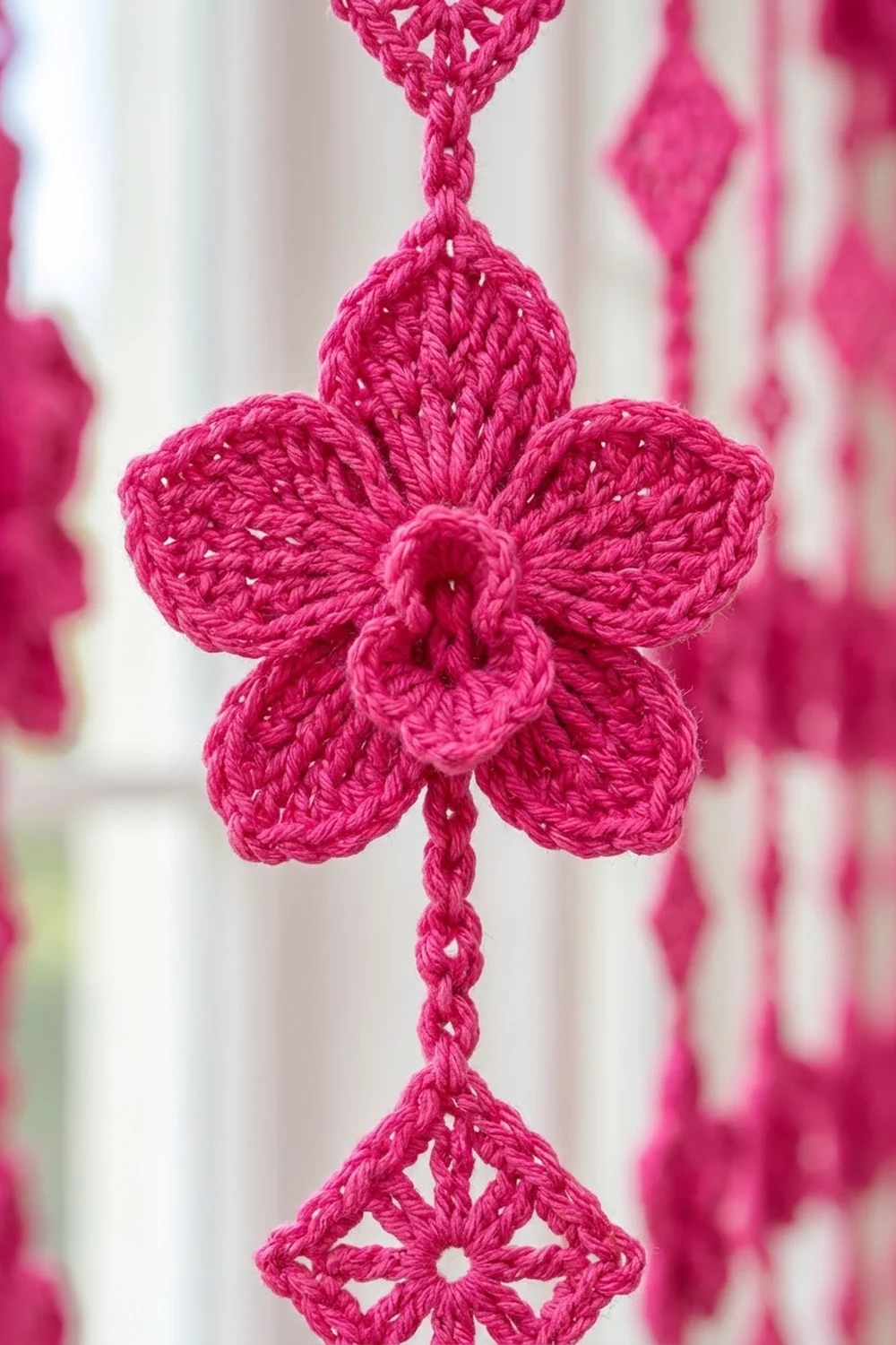 Bright pink crocheted flower ornament with five petals hanging from a twisted cord against a blurred background.