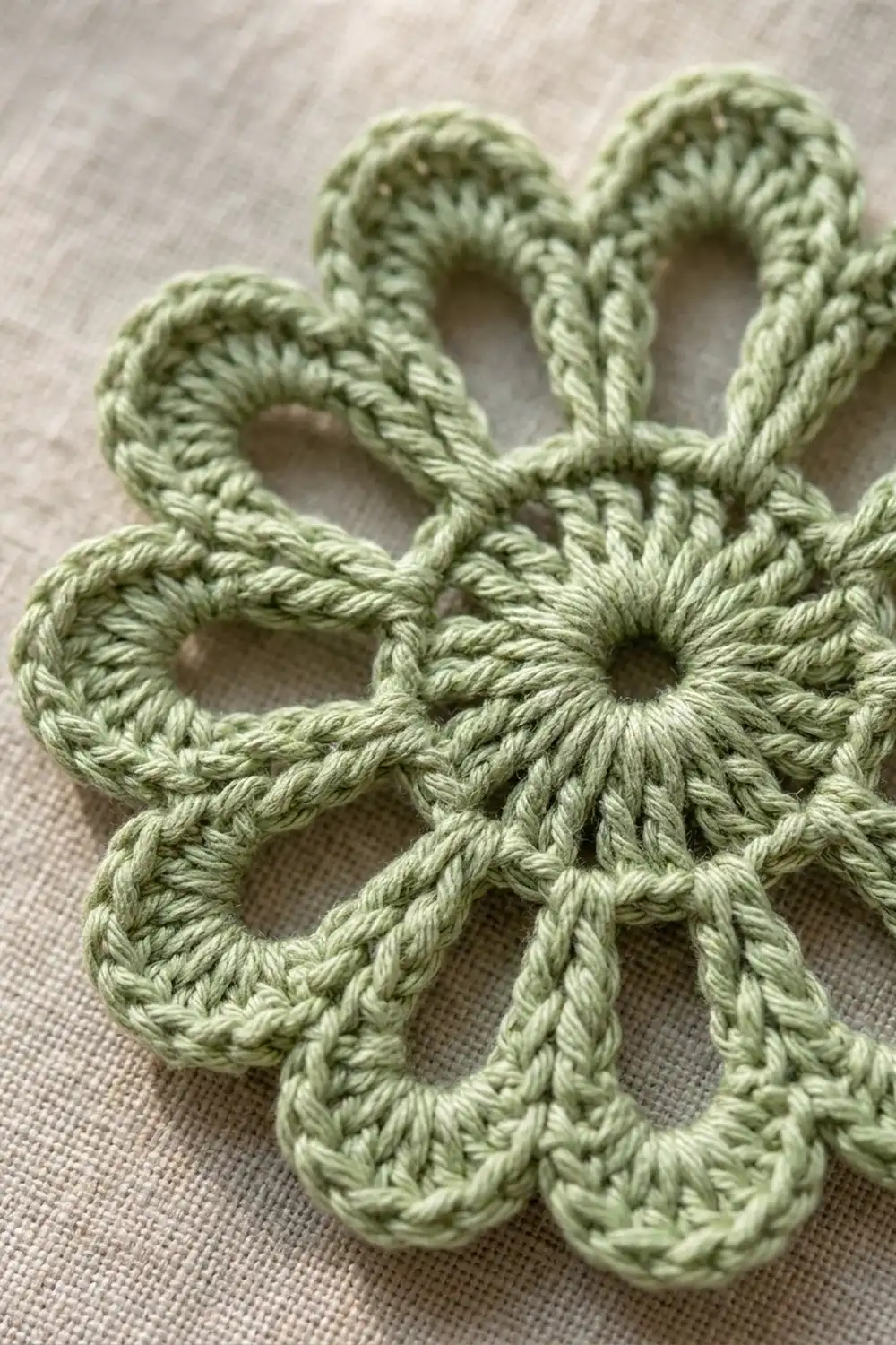 A pale green crocheted flower with looped petals arranged in a circular pattern on a light textured fabric surface.