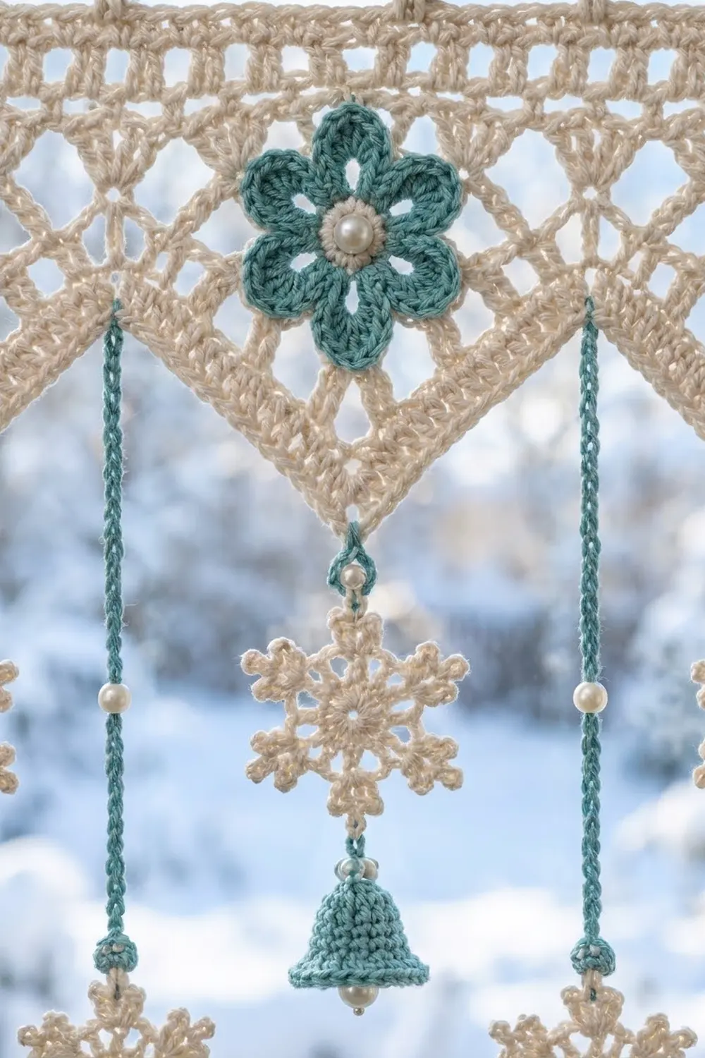 Crocheted lace garland with teal flower and snowflake ornaments hanging against snowy winter background.