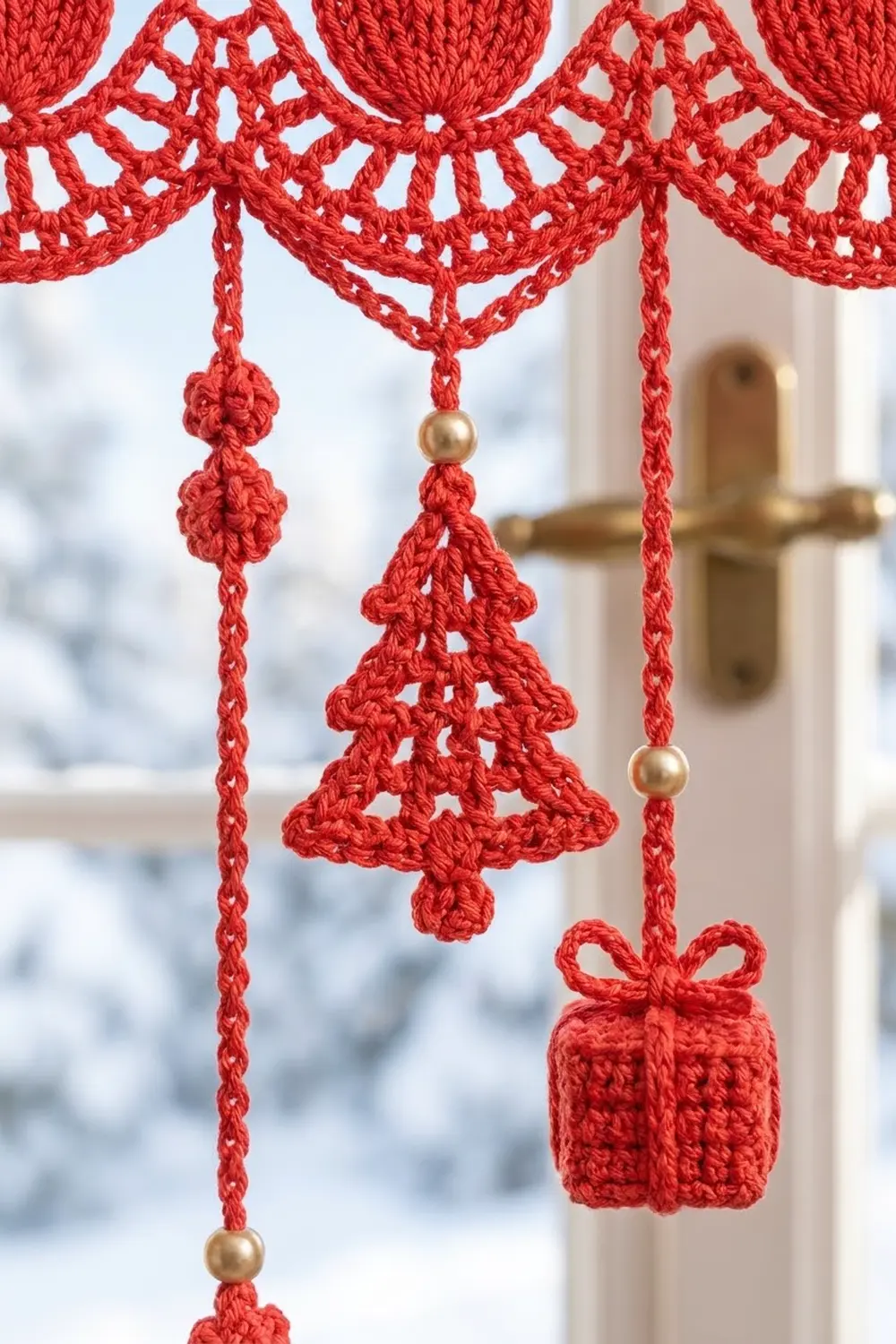 Red crocheted Christmas ornaments with gold beads hanging in a window against snowy background.
