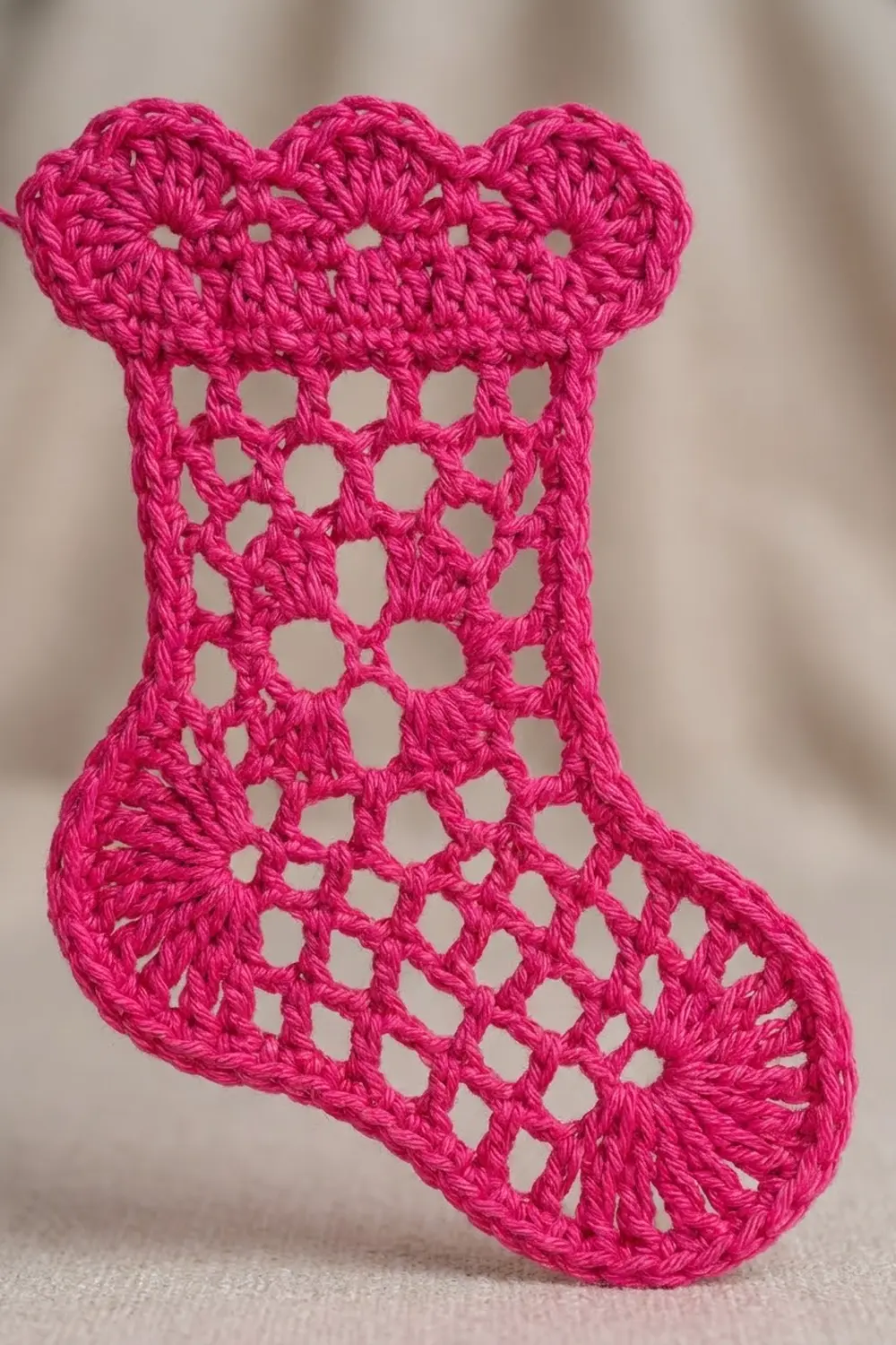Bright pink crocheted Christmas stocking with an open lace pattern displayed against a blurred beige background.