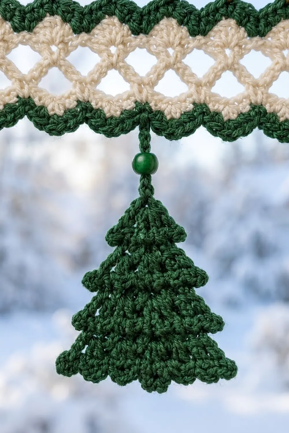 Crocheted green Christmas tree ornament with bead hanging from decorative cream and green trimmed band.