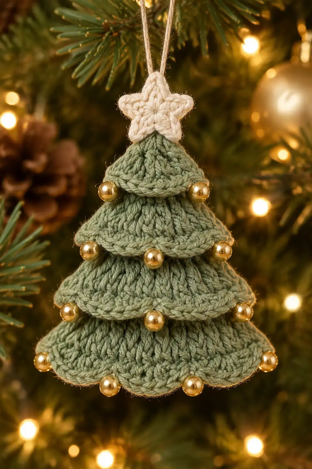 A crocheted sage green Christmas tree ornament with gold beads and cream star topper hanging on an evergreen branch.