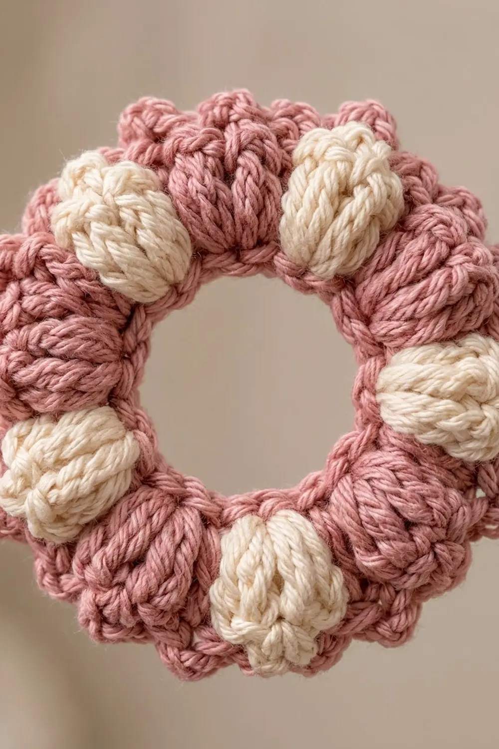 A decorative wreath made of twisted rope in mauve pink and cream colors against a neutral beige background.