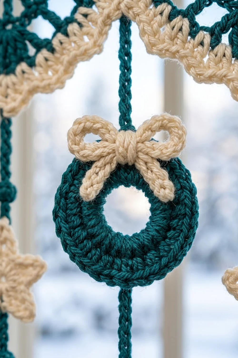 Close-up of a crocheted green and cream ornament with a bow, hanging against a snowy window backdrop.