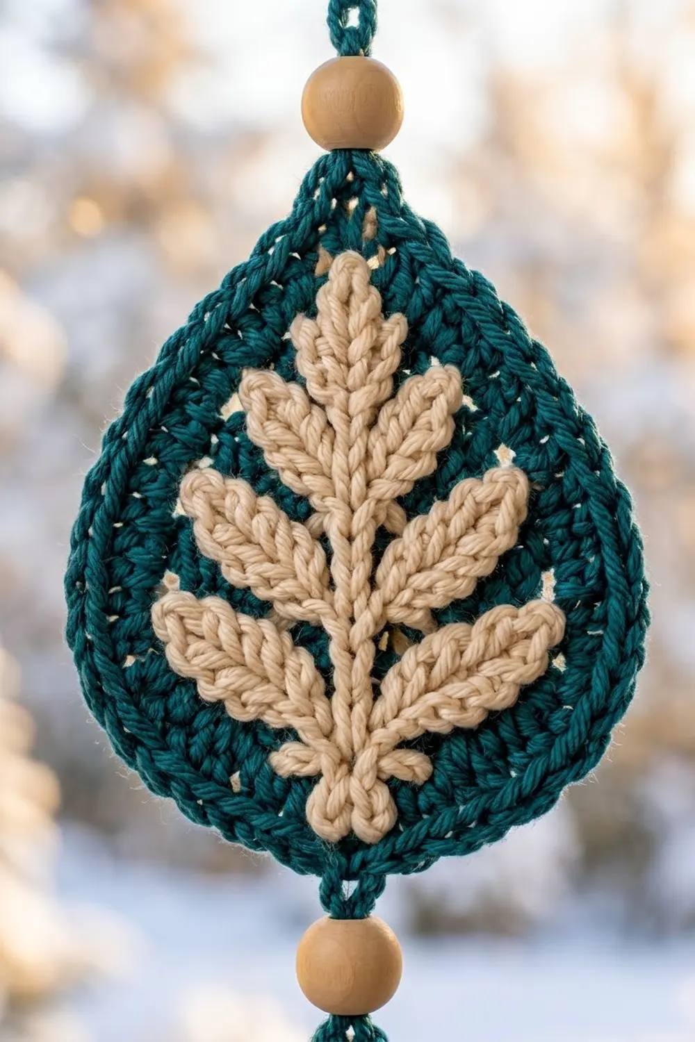 Crocheted teardrop ornament in teal with cream maple leaf design, wooden beads, and blurred winter background.